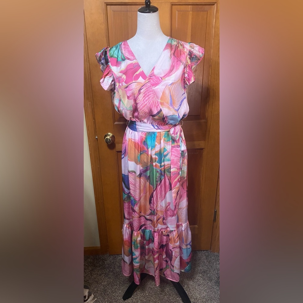Sam Edelman Colorburst Leaf Print Faux Wrap Midi Dress - Picture 3 of 5